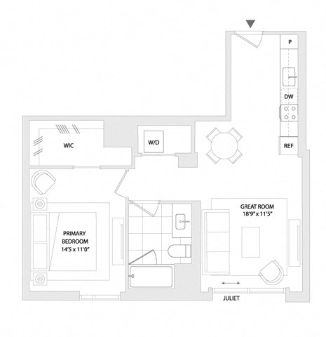 Floor plan for 1 bed, 1 bath, 698 sqft